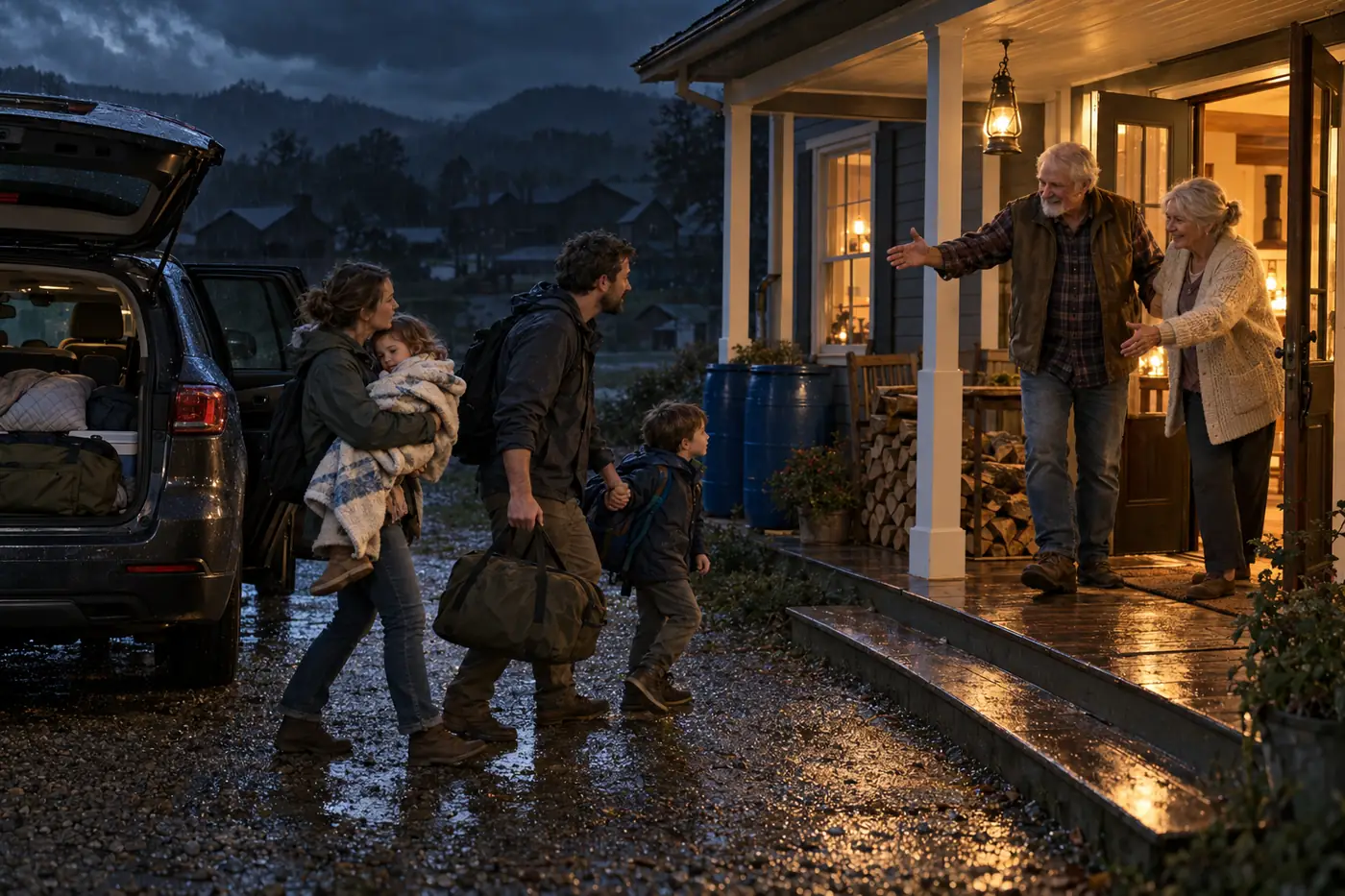 Grandparents welcoming their worried young family into their warmly lit home during a blackout