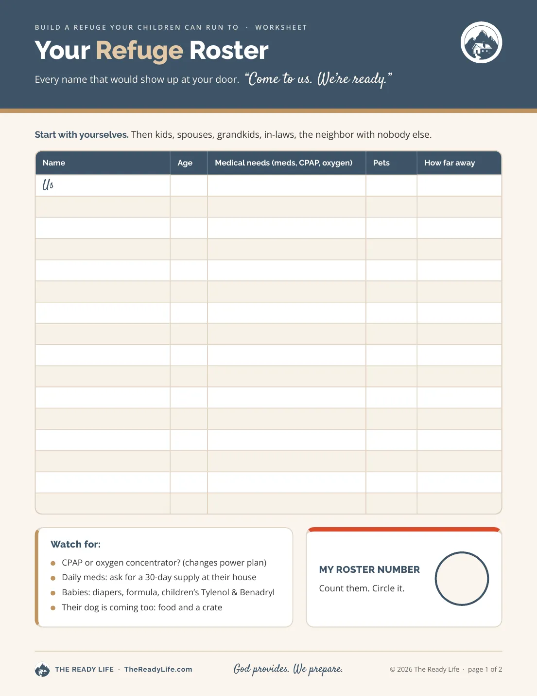 Page 1 of the Refuge Roster worksheet: the roster table